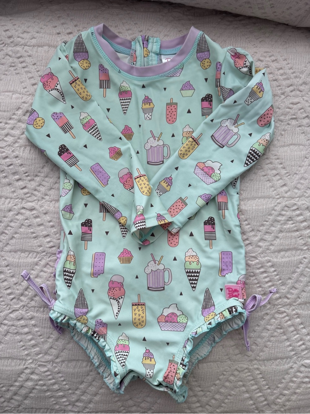 Ruffle Butts Mint One-Piece Swimsuit with Pastel Ice Cream Print